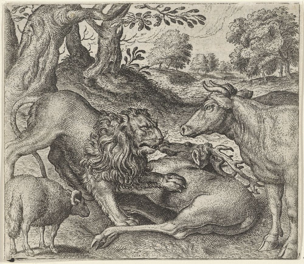 Fabel van de leeuw, de koe en het schaap op jacht (1608) by Aegidius Sadeler II, Marcus Gheeraerts I, Marcus Gheeraerts I…