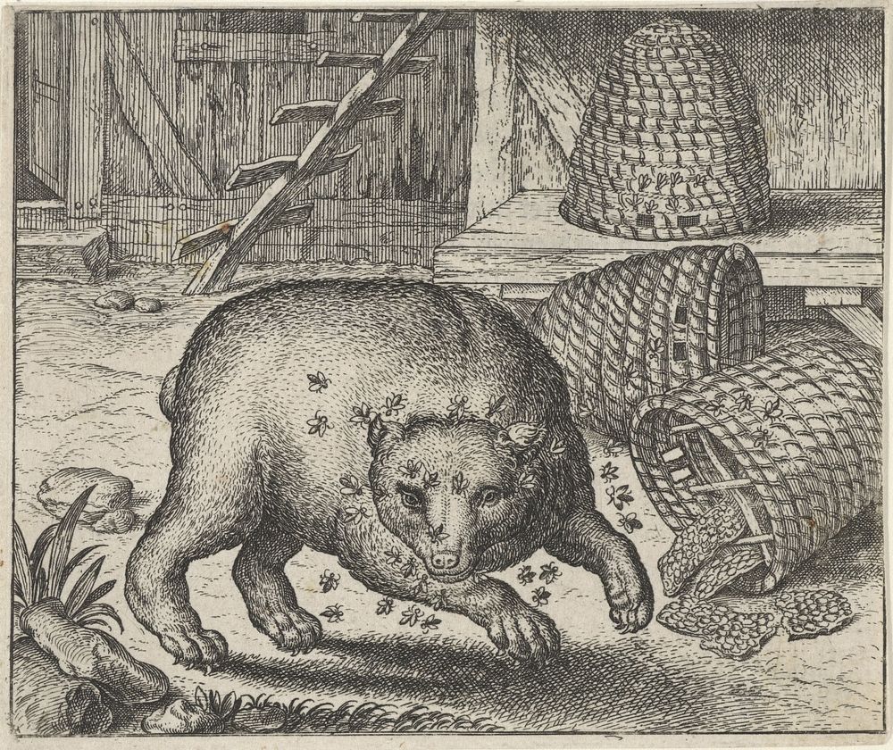 Fabel van de beer en de bijen (1608) by Aegidius Sadeler II, Marcus Gheeraerts I, Marcus Gheeraerts I and Aegidius Sadeler II