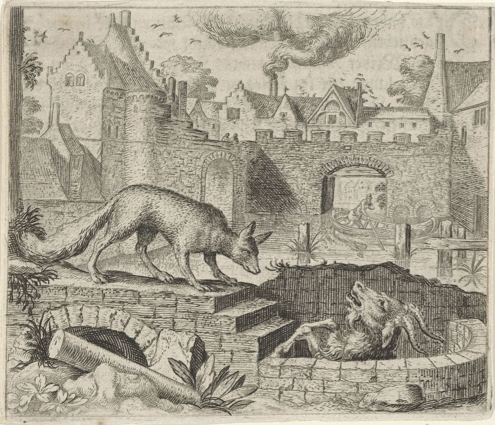 Fabel van de vos en de geit (1608) by Aegidius Sadeler II, Marcus Gheeraerts I, Marcus Gheeraerts I and Aegidius Sadeler II
