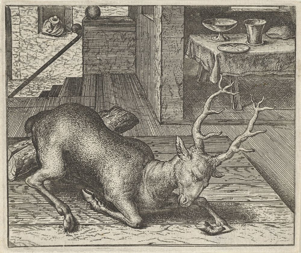 Fabel van het dronken hert (1608) by Aegidius Sadeler II, Marcus Gheeraerts I, Marcus Gheeraerts I and Aegidius Sadeler II