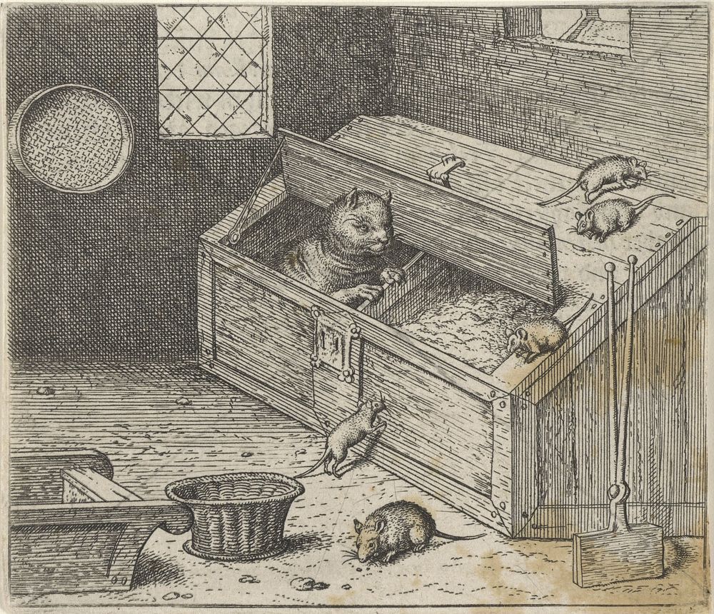 Fabel van de oude kat en de muizen (1608) by Aegidius Sadeler II, Marcus Gheeraerts I, Marcus Gheeraerts I and Aegidius…