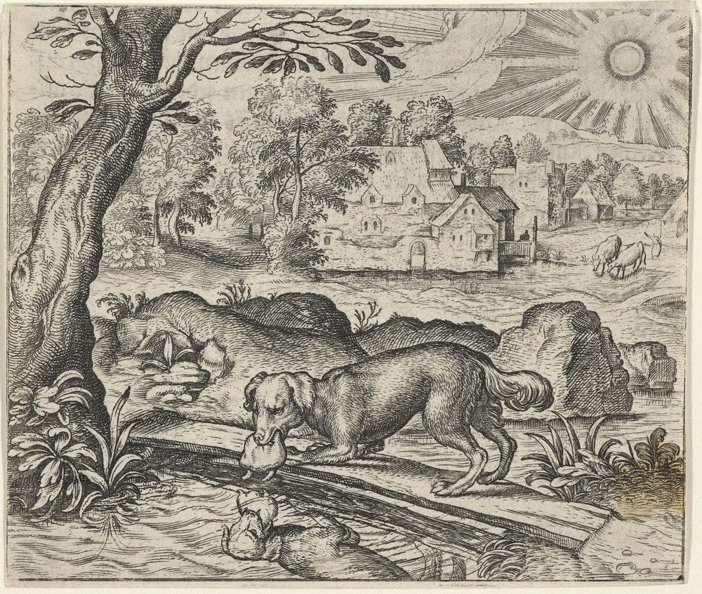 Fabel van de hond en zijn spiegelbeeld (1608) by Aegidius Sadeler II, Marcus Gheeraerts I, Marcus Gheeraerts I and Aegidius…