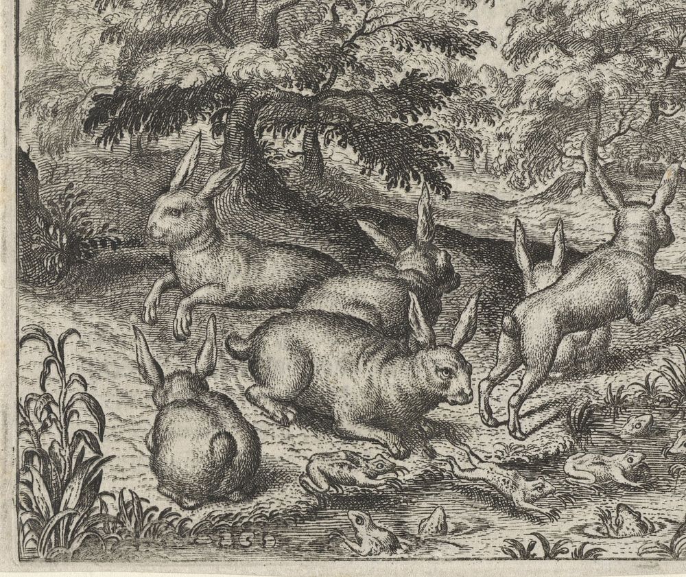 Fabel van de hazen en de kikkers (1608) by Aegidius Sadeler II, Marcus Gheeraerts I, Marcus Gheeraerts I and Aegidius…