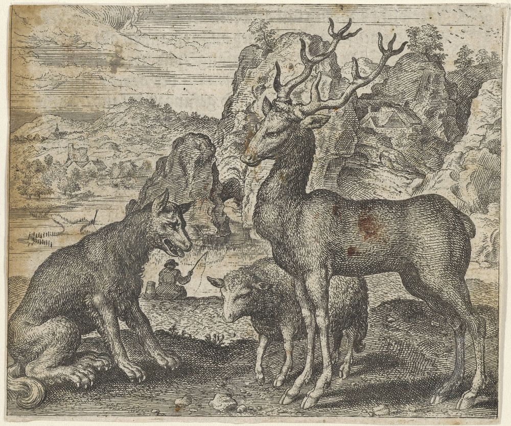 Fabel van het hert, de wolf en het schaap (1608) by Aegidius Sadeler II, Marcus Gheeraerts I, Marcus Gheeraerts I and…