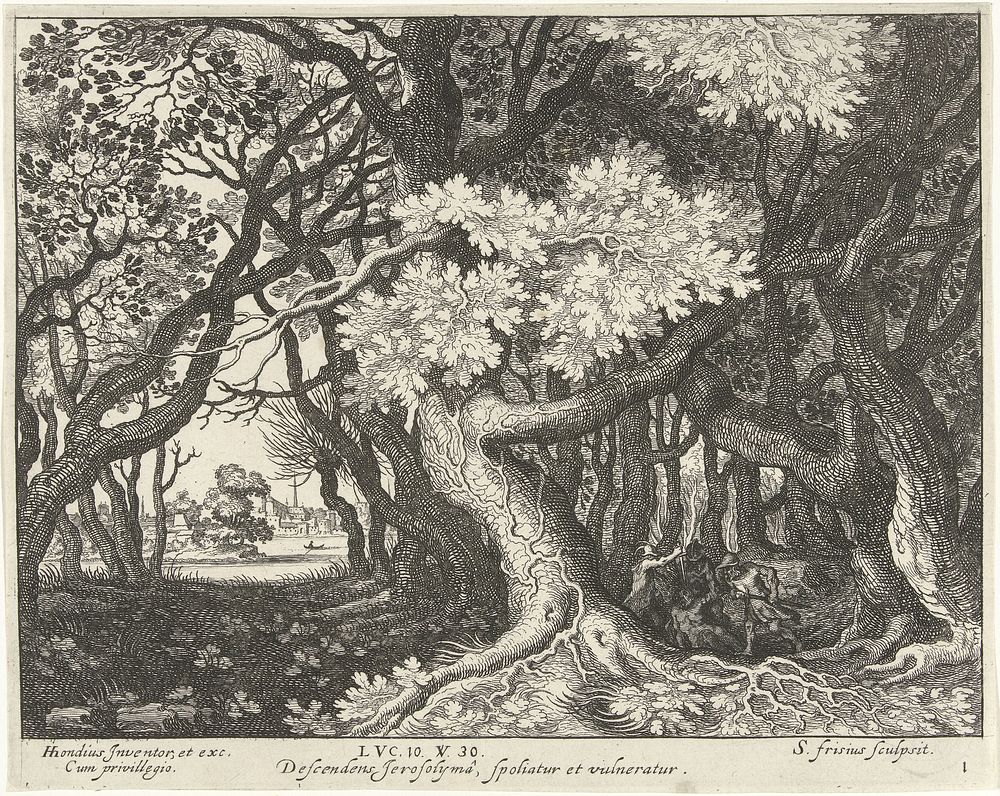 Overval op een man in een bos (1597 - 1649) by Simon Frisius, Hendrick Hondius I and Hendrick Hondius I