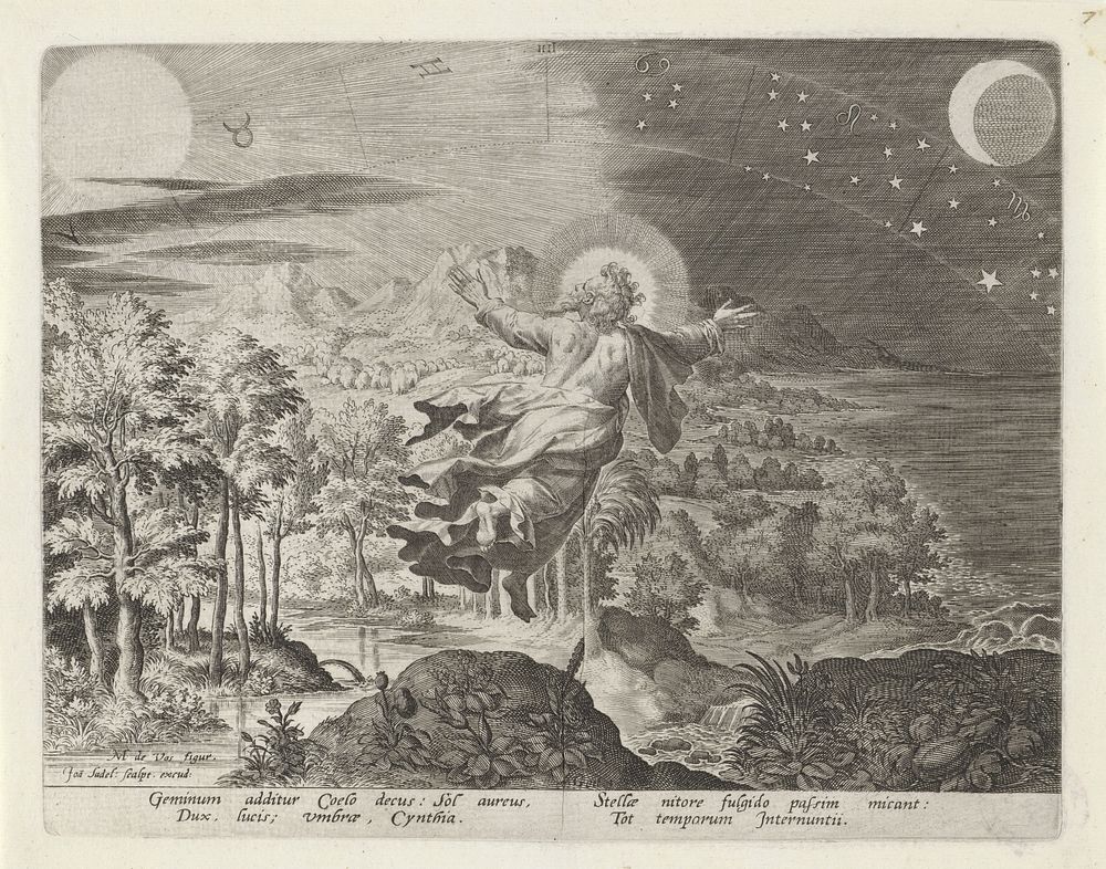 Schepping van de zon, de maan en de sterren (1588 - 1600) by Johann Sadeler I, Maerten de Vos, Johann Sadeler I and Johann…