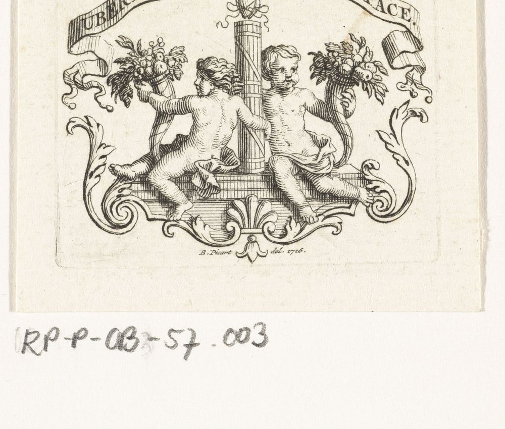 Twee putti bij zuil met een hart (1716) by Bernard Picart and Bernard Picart
