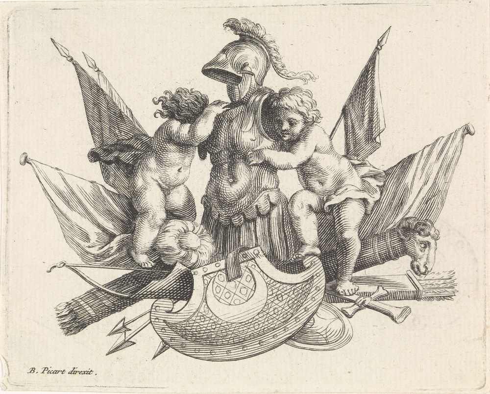 Twee putti met een harnas ten midden van wapentuig (1683 - 1733) by Bernard Picart and Bernard Picart