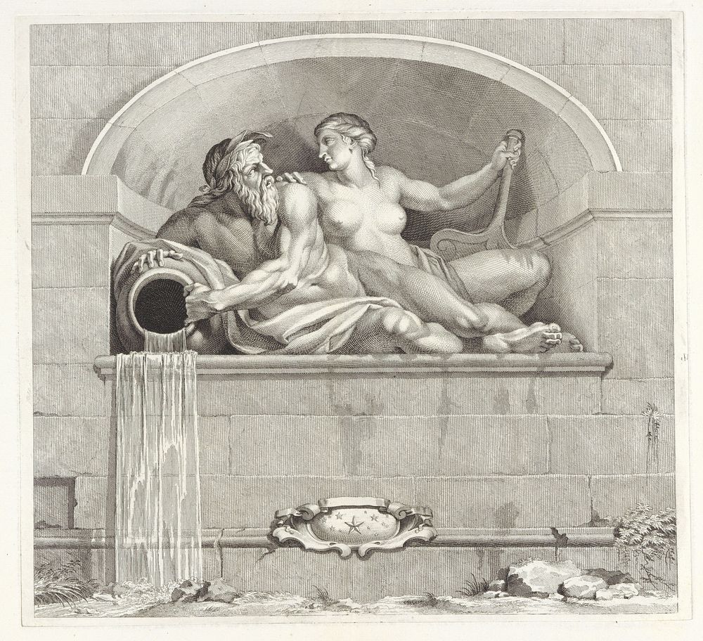 Riviergod en een naiade (1740) by Bernard Picart, Bernard Picart, Eustache Lesueur and Gaspard Duchange