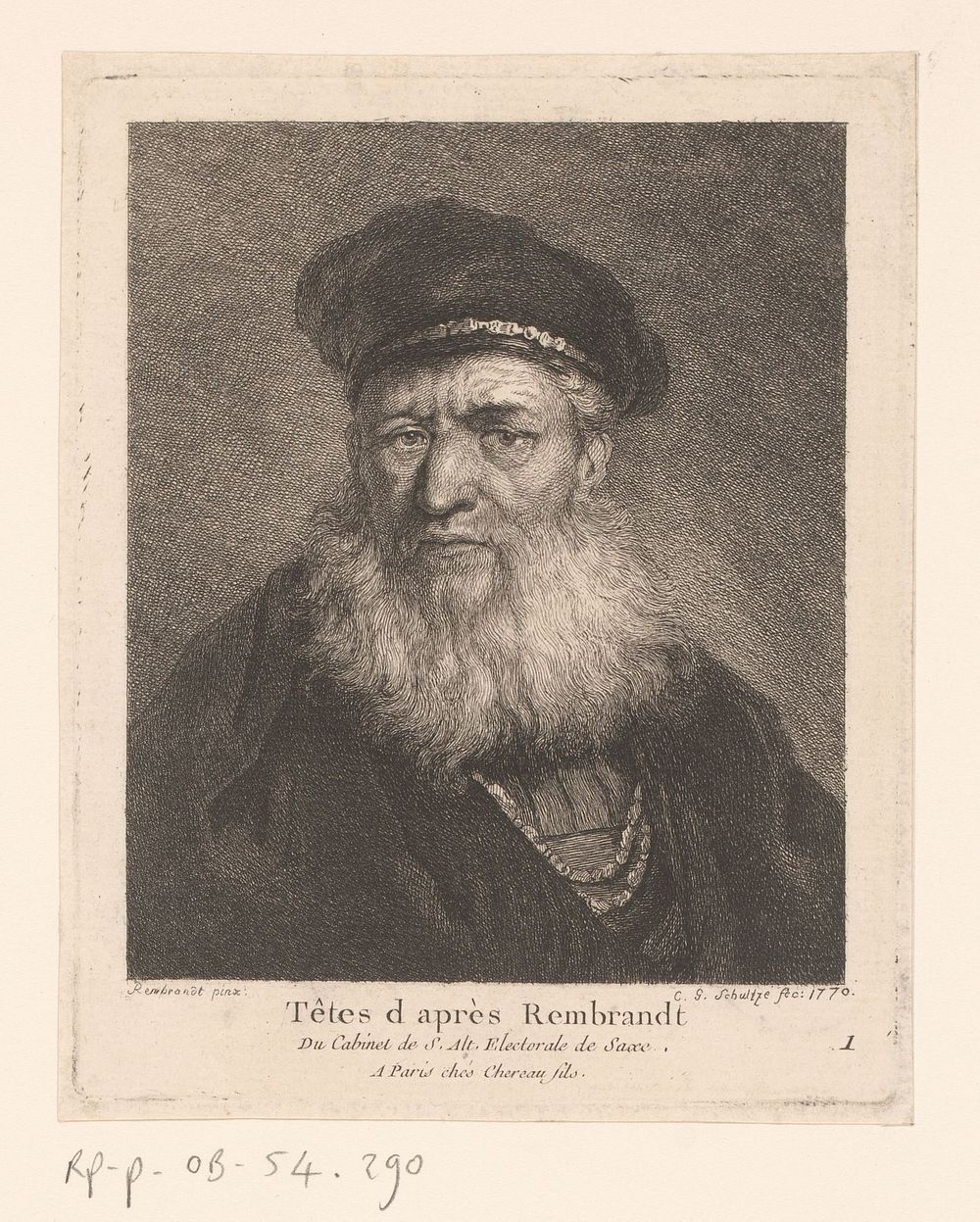 Oude man met baret en baard (1770) by Christian Gottfried Schultze, Rembrandt van Rijn and François Chéreau II