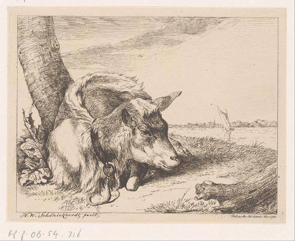 Liggende geit bij water (1788) by Hendrik Willem Schweickhardt and Hendrik Willem Schweickhardt