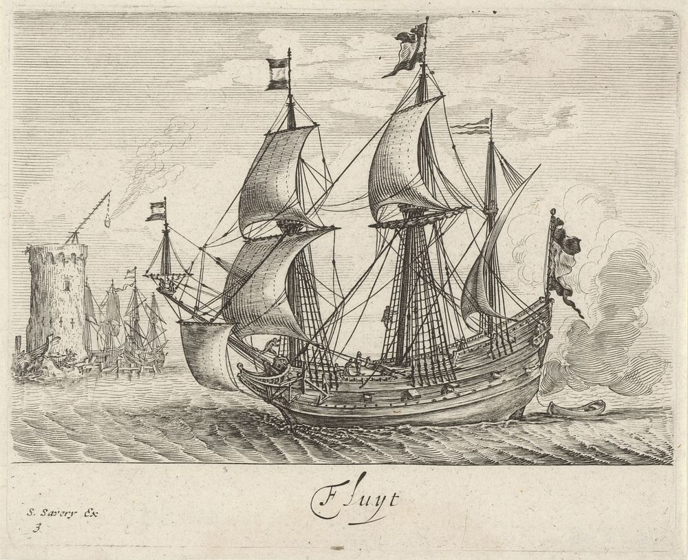 Zeilende driemaster met op de achtergrond een vuurtoren en zeilschepen (1610 - 1665) by Salomon Savery and Salomon Savery