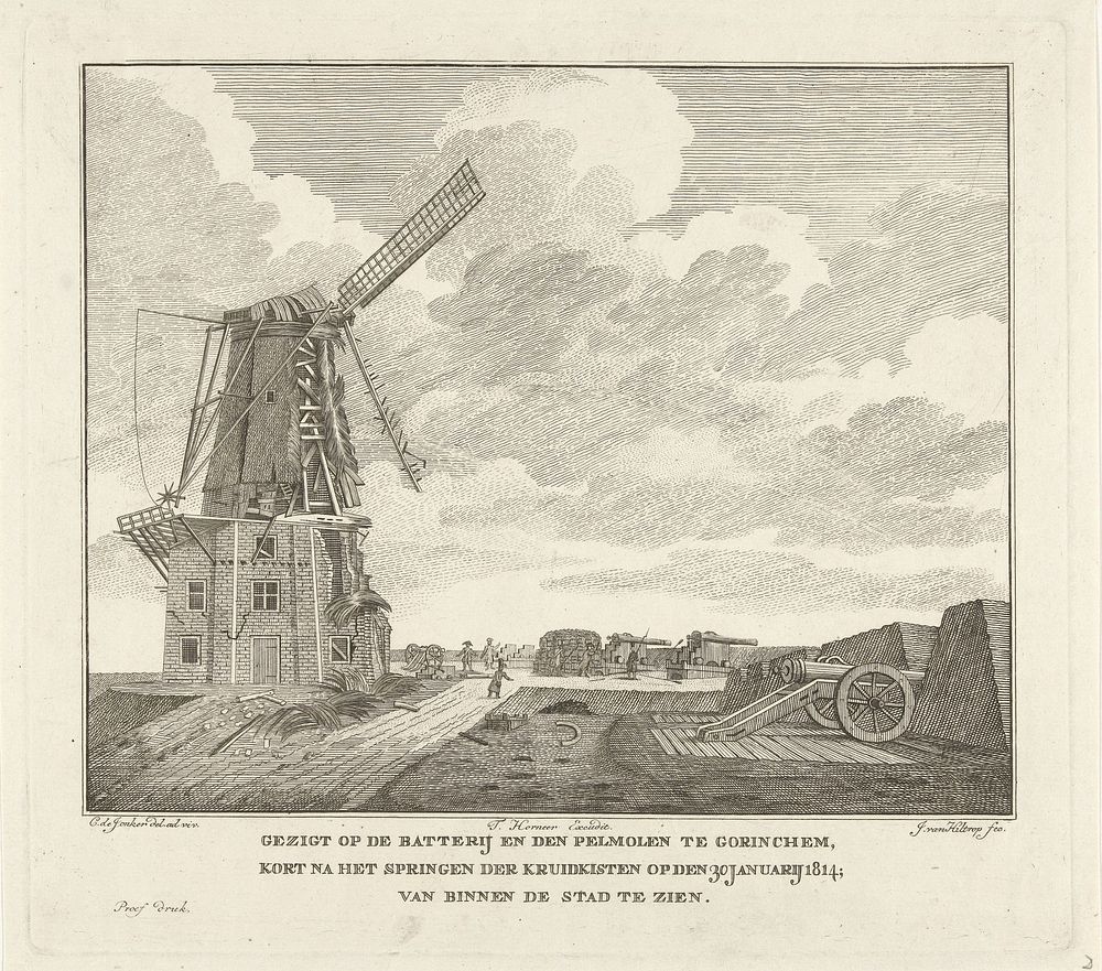 Ruïne van de pelmolen te Gorinchem bij kanonnen (1814 - 1816) by Johannes van Hiltrop, Cornelis de Jonker and Teunis Horneer…