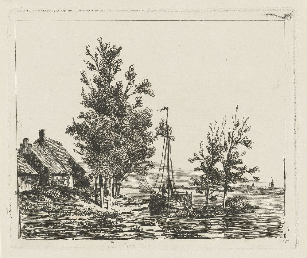 Rivierlandschap met zeilschip en boerderij (c. 1837 - 1900) by Lambertus Hardenberg 1822 1900