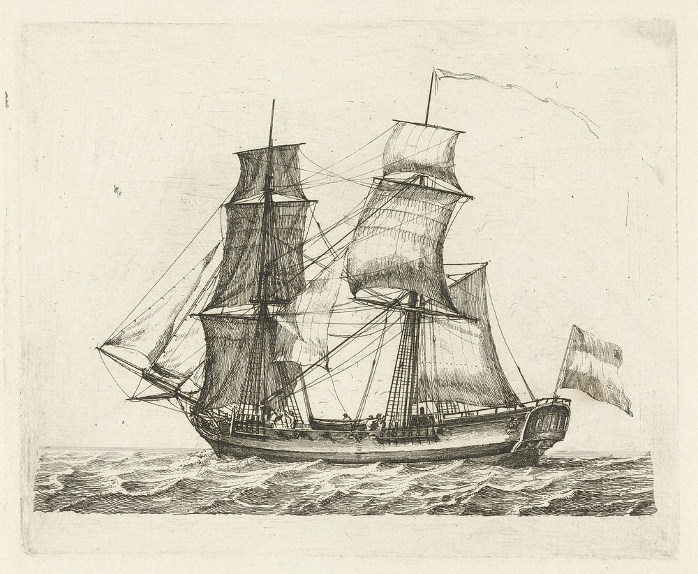 Tweemaster met vlag en figuren (1789) by Gerrit Groenewegen