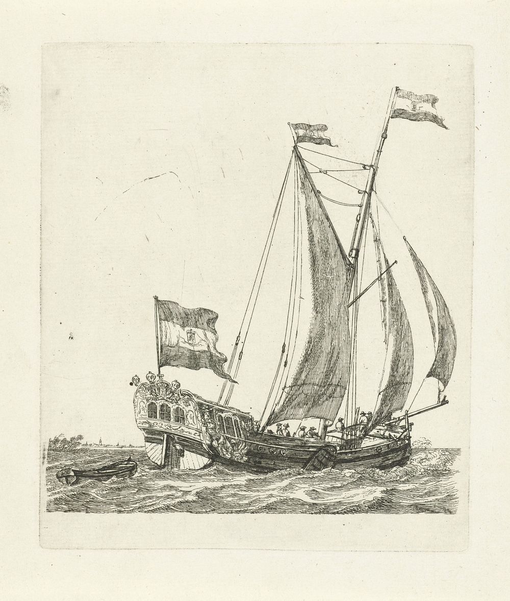 Zeilschip met drie vlaggen (1790) by Gerrit Groenewegen