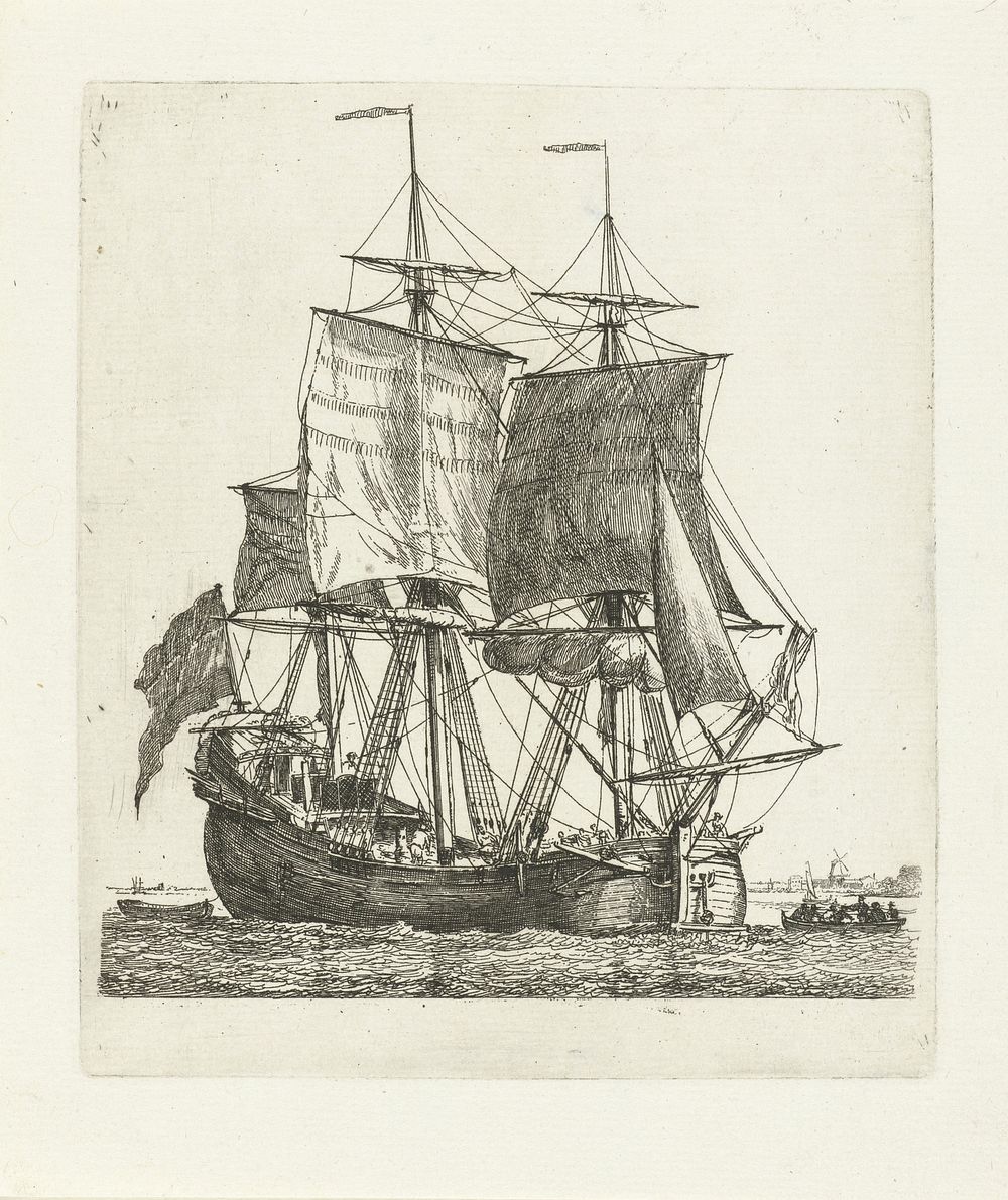 Driemaster met vlag en twee sloepen (1790) by Gerrit Groenewegen