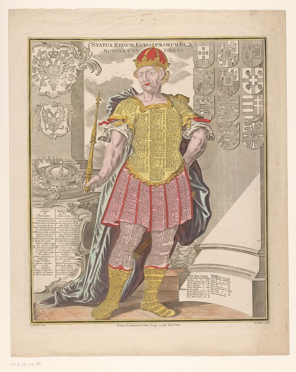 Koning met op zijn kleding de namen van koningen door de geschiedenis heen (1727 - 1782) by Emanuel Eichel, August Scheller…