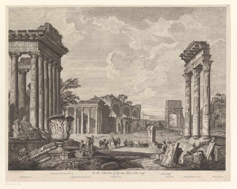 Ruïnelandschap met de Tempel van Antonius en Faustina, de Boog van Titus en de Tempel van Jupiter Optimus Maximus (1745) by…