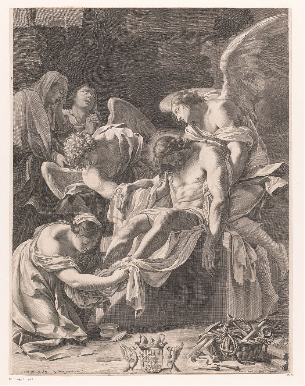Graflegging door twee engelen (1641) by Pierre Daret, Simon Vouet and Franse kroon