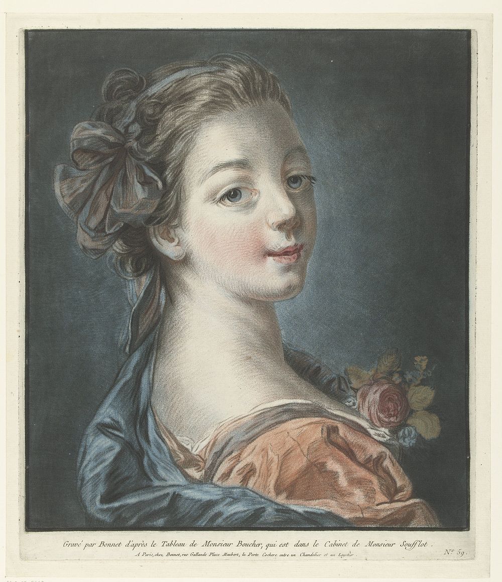 Buste van een jonge vrouw met een strik in het haar (1769 - 1793) by Louis Marin Bonnet, François Boucher and Louis Marin…