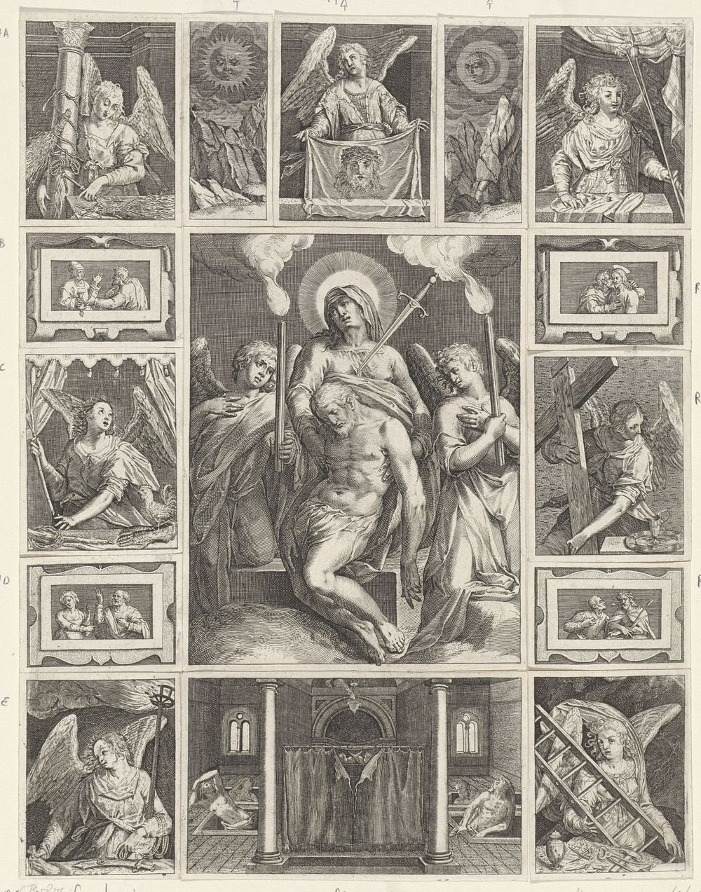 Pietà, omringd door de passiewerktuigen (1580 - 1600) by Johann Sadeler I, Hieronymus Wierix, Taddeo Zuccaro and Aegidius…
