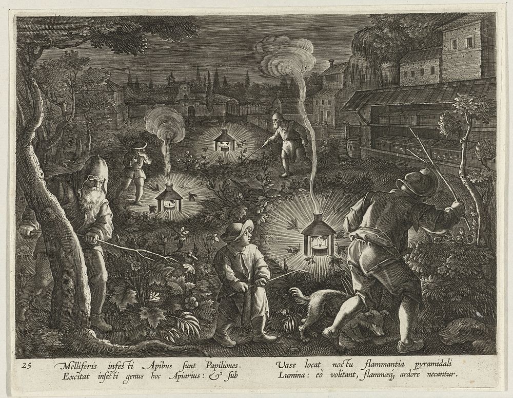 Jacht op nachtvlinders (1594 - 1598) by C Galle, Jan van der Straet, Philips Galle and Cornelis Kiliaan