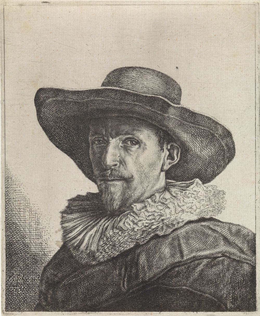 Portret van een man met een grote hoed op (1596 - 1646) by Franciscus van Schooten I