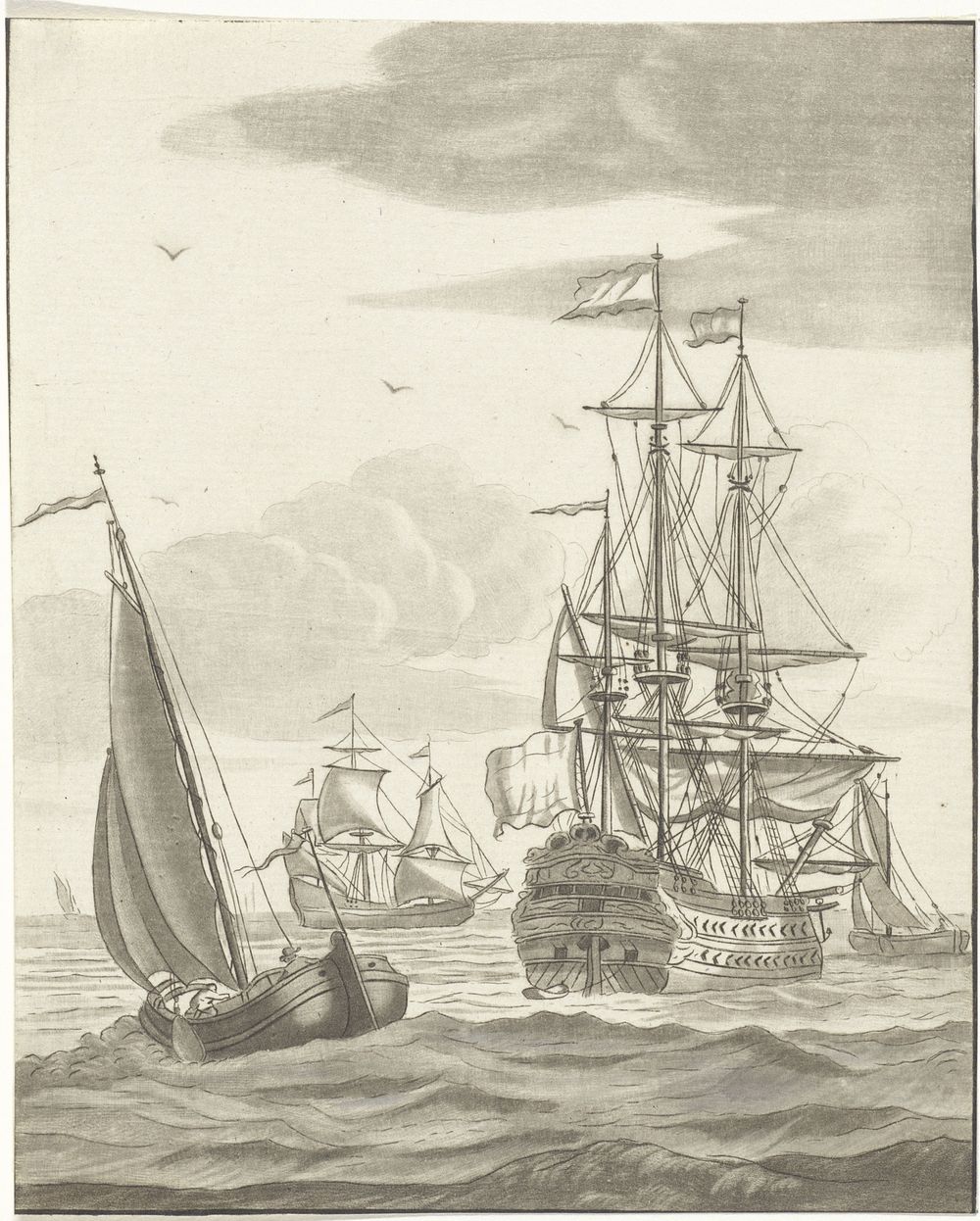 Oorlogschip en drie zeilschepen op volle zee (1767 - 1780) by Bernhard Schreuder and Willem van de Velde II