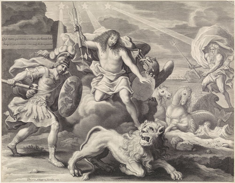 Promotieprent met allegorische voorstelling van Lodewijk XIV als Jupiter, 1659 (1659) by Pieter van Schuppen and Charles Le…