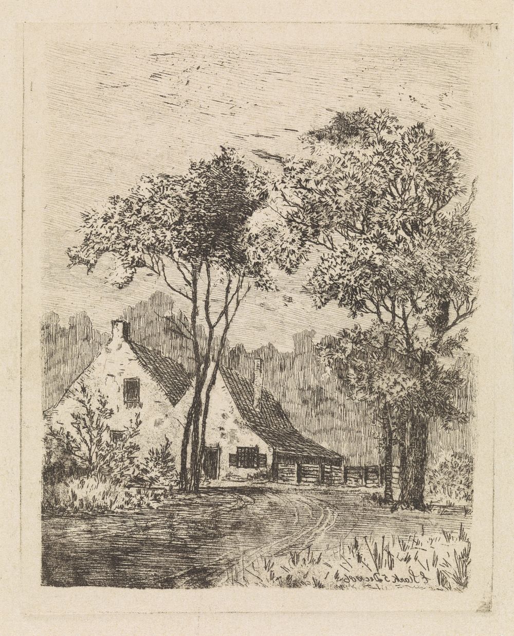 Boerderij onder twee bomen (1886) by Elias Stark