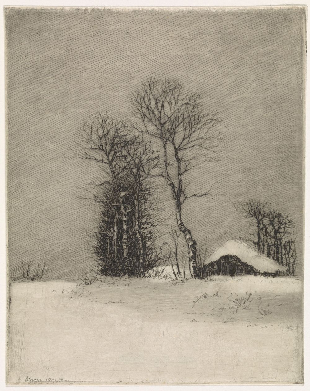 Winterlandschap met boerderij en bomen (1891) by Elias Stark