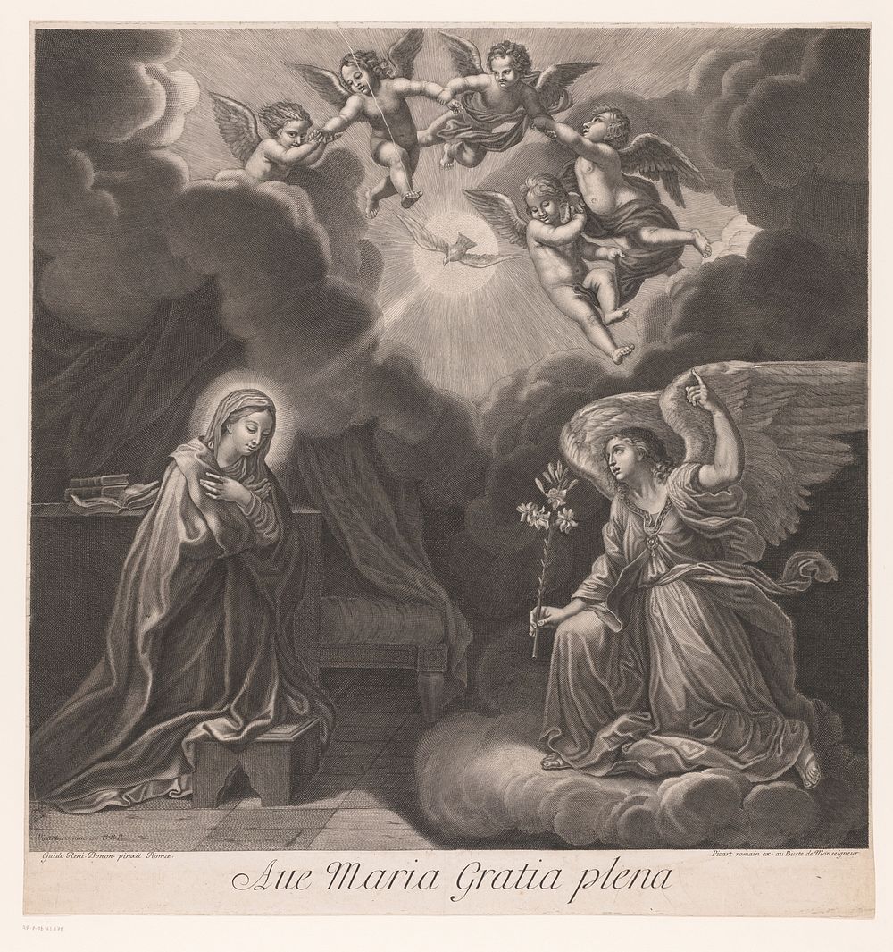 Annunciatie (1683 - 1710) by anonymous, Guido Reni, Bernard Picart and Lodewijk XIV koning van Frankrijk