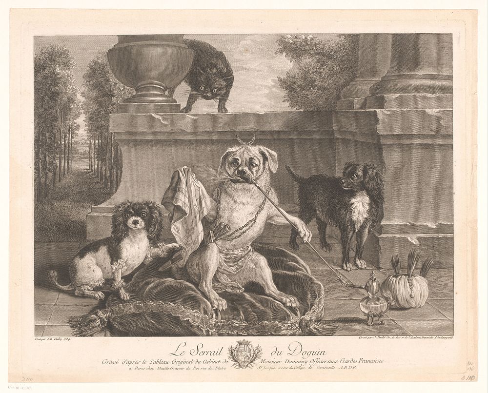 Drie honden waarvan een verkleed op een patio (1758) by Jean Daullé, Jean Baptiste Oudry, Jean Daullé and Lodewijk XV koning…