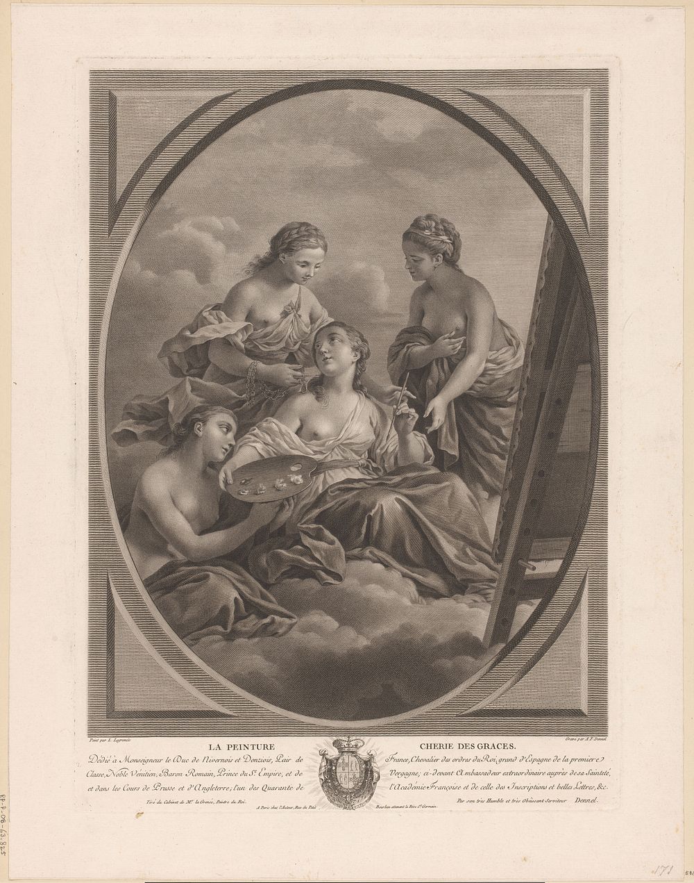 Schilderkunst (Pictura) vergezeld door de drie gratiën (c. 1779) by Antoine François Dennel, Louis Jean François Lagrenée I…
