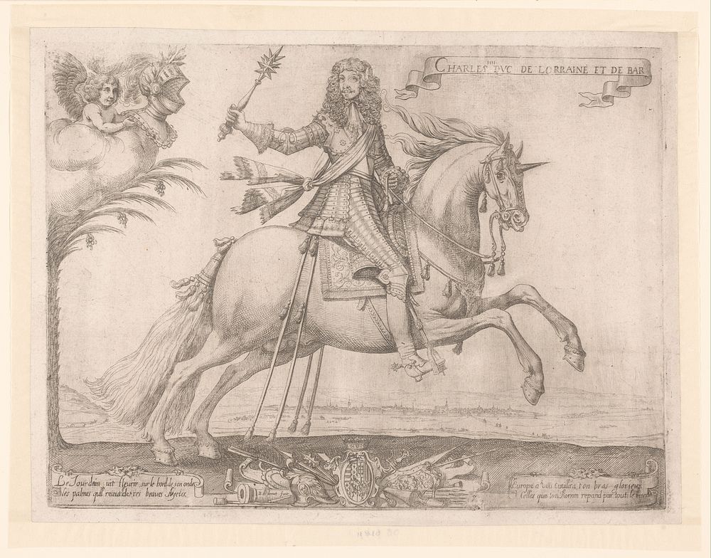 Ruiterportret van Karel IV, hertog van Lotharingen met Nancy op de achtergrond (in or before 1660 - 1664) by Claude Deruet
