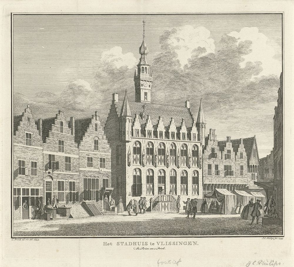 Gezicht op het stadhuis van Veere, 1743 (1747 - 1760) by Jan Caspar Philips, Cornelis Pronk, Isaak Tirion and Staten van…