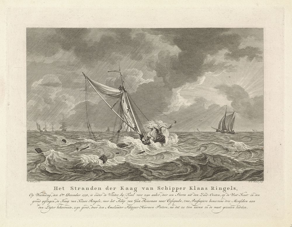 Stranden van de kaag van schipper Klaas Ringels bij Texel, 1778 (1779) by Mathias de Sallieth, Hendrik Kobell and Cornelis…