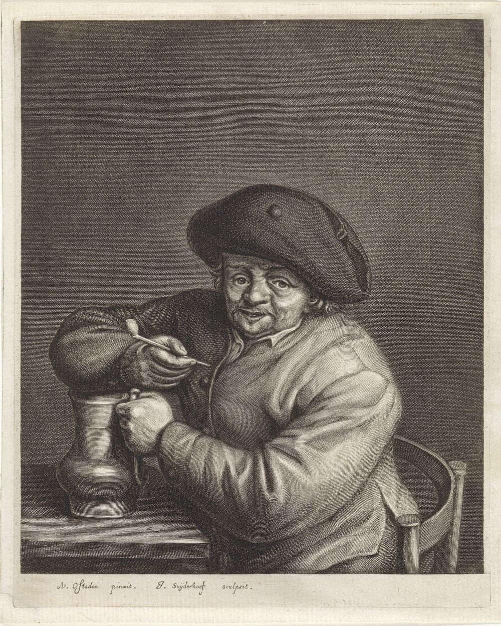 Boer met pijp en kruik in de hand bij een tafel (c. 1623 - 1686) by Jonas Suyderhoef and Adriaen van Ostade