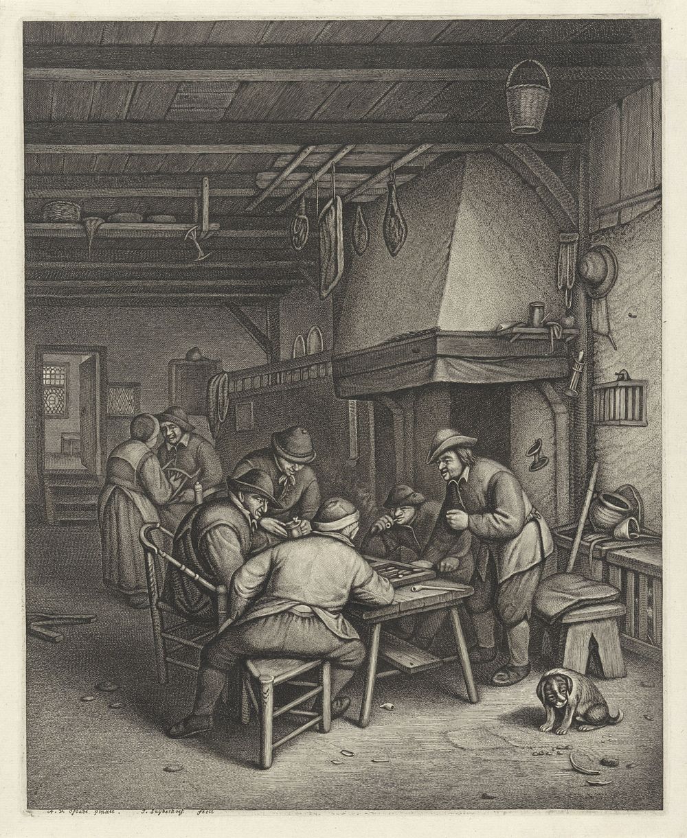 Boereninterieur met triktrakspelers (1726 - 1776) by Jonas Suyderhoef and Adriaen van Ostade