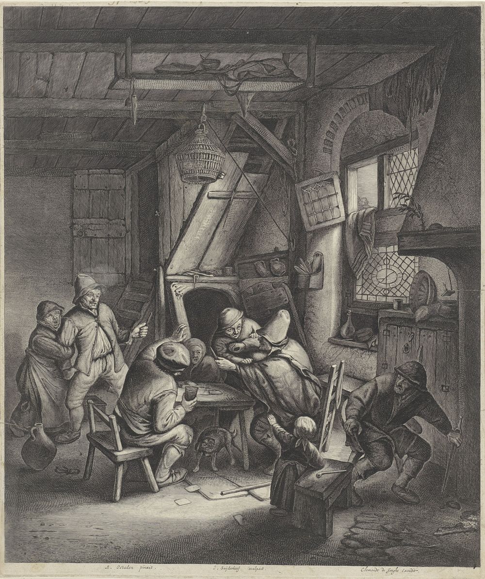 Ruziënde boeren rond een tafel (1643 - 1677) by Jonas Suyderhoef, Adriaen van Ostade and Clement de Jonghe