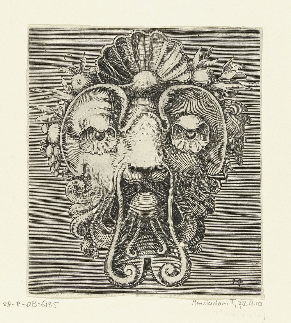 Masker met schelpvormige ogen en een schelp tussen vruchtentrossen op het voorhoofd (c. 1600 - c. 1650) by Frans Huys…