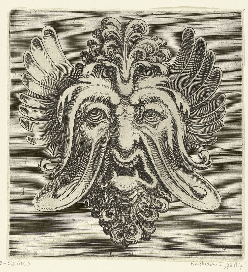 Masker met uitgezakte wangen, twee spitse ondertanden en een toef krullen rustend op de neuswortel (c. 1600 - c. 1650) by…