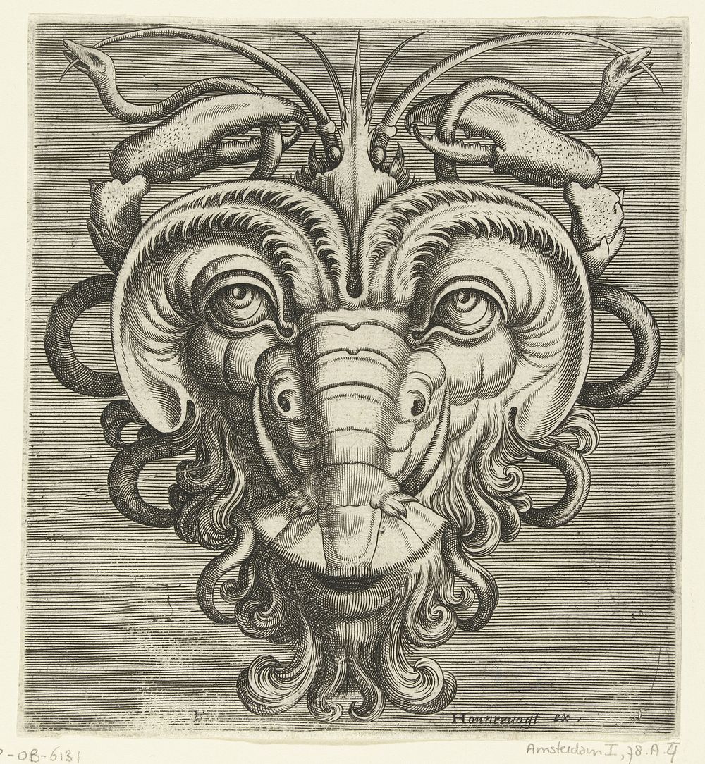 Masker met twee kreeftescharen die slangen vasthouden (c. 1600 - c. 1650) by Frans Huys, Cornelis Floris II and Jacques…