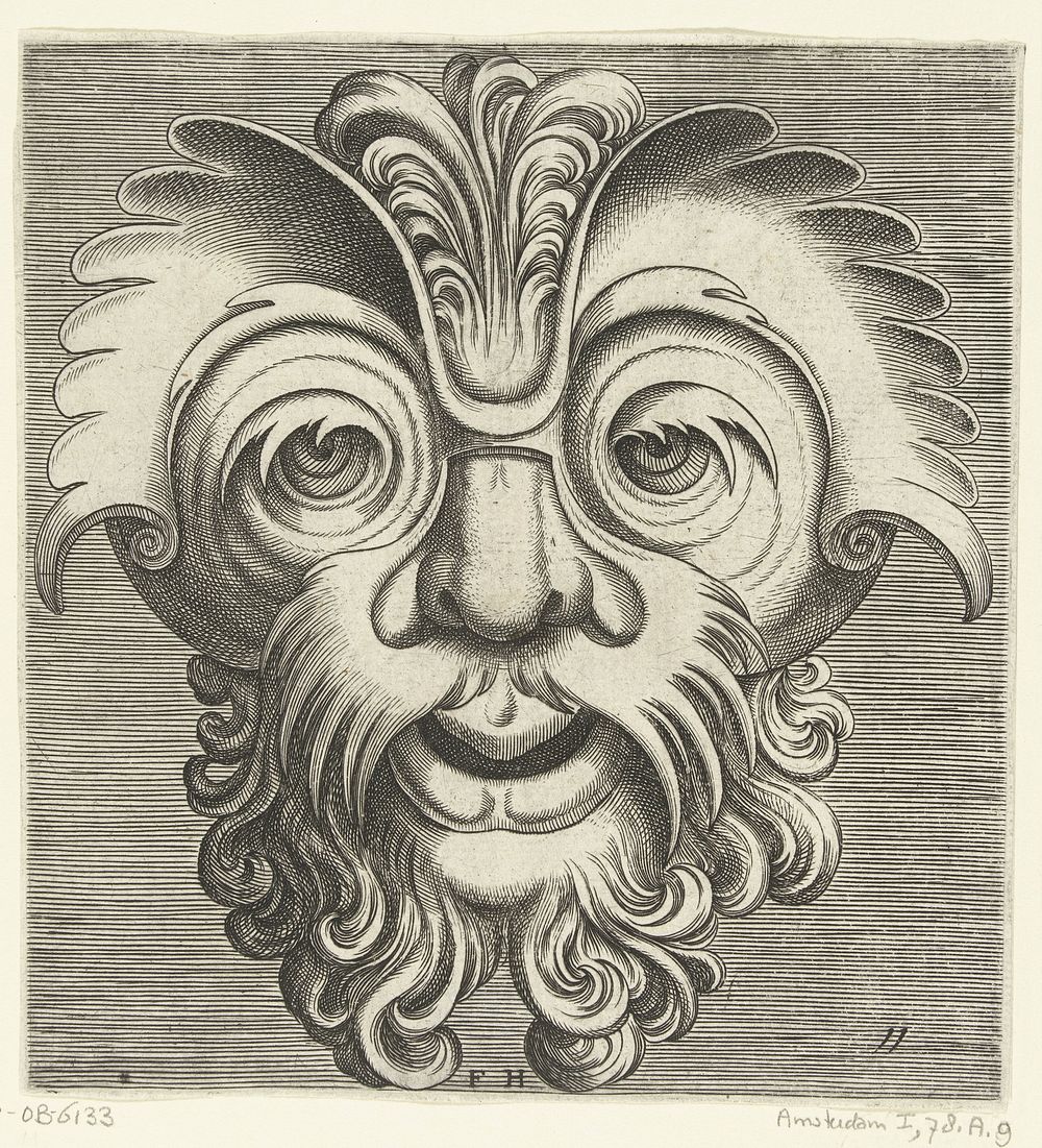 Masker met baard en snor met krullen, een toef krullen rust op de neuswortel (c. 1600 - c. 1650) by Frans Huys, Cornelis…