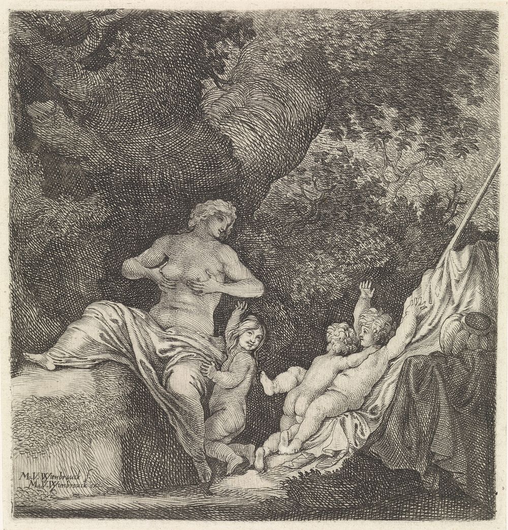 Vrouw met drie kinderen (1645 - 1660) by Moyses van Wtenbrouck and Matheus Moysesz van Wtenbrouck