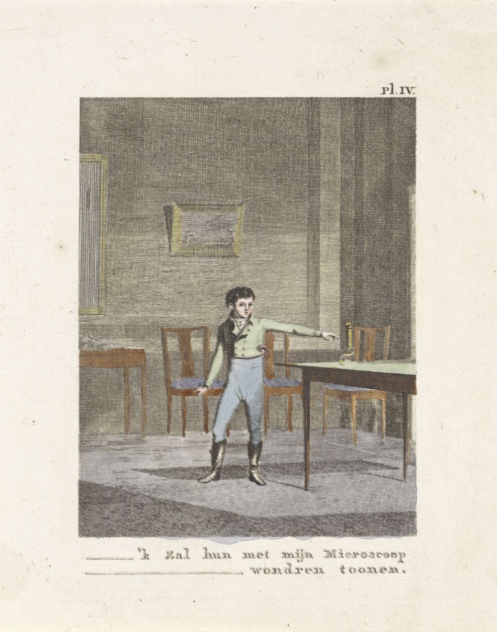 Jongen wijst naar een microscoop op een tafel (1806) by Izaak Jansz de Wit and Joannes Pieter Visser Bender