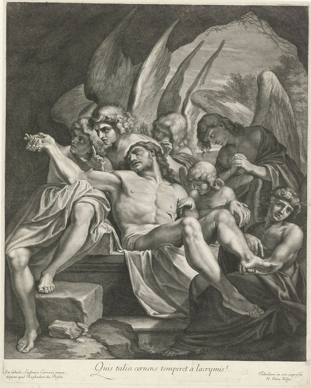 Graflegging van Christus door engelen (1644 - 1671) by Nicolas Pitau I and Ludovico Carracci