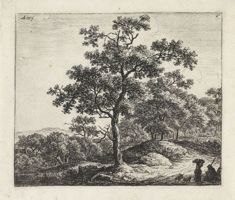 Rustende figuren met twee honden langs een bospad (1630 - 1663) by Anthonie Waterloo and Anthonie Waterloo