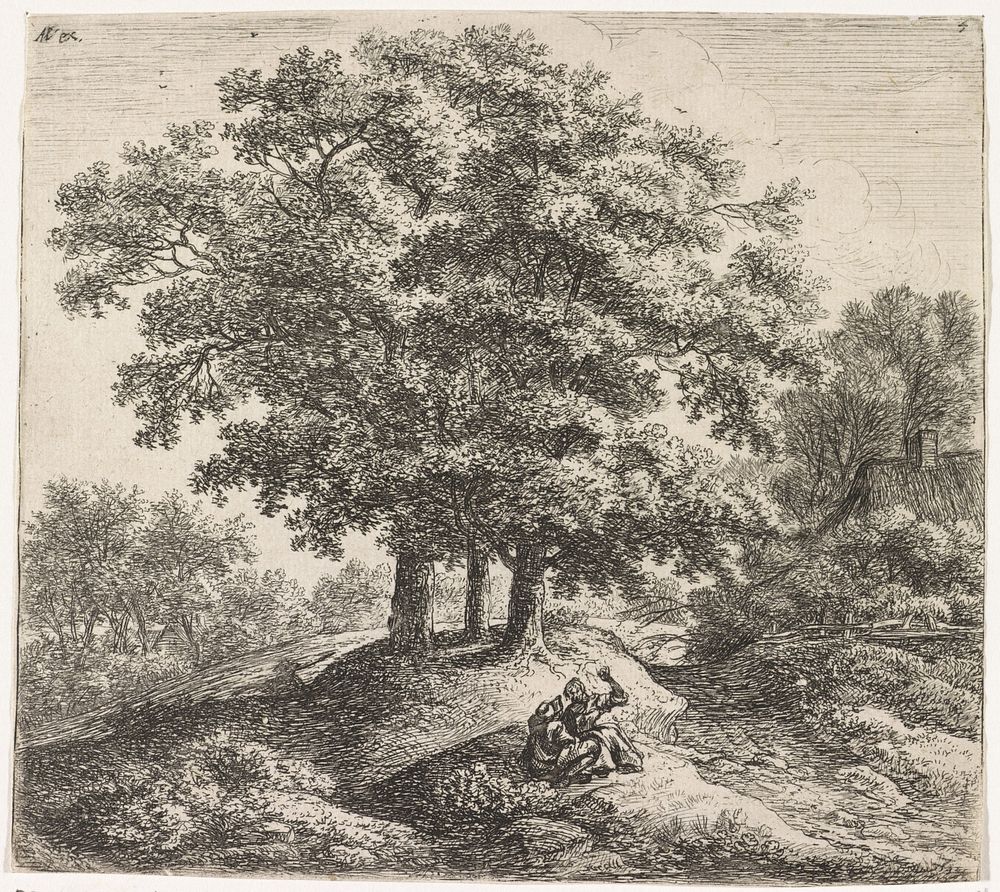Twee figuren op een heuvel bij een huis (1630 - 1765) by Anthonie Waterloo, Anthonie Waterloo, Cornelis Danckerts II and…